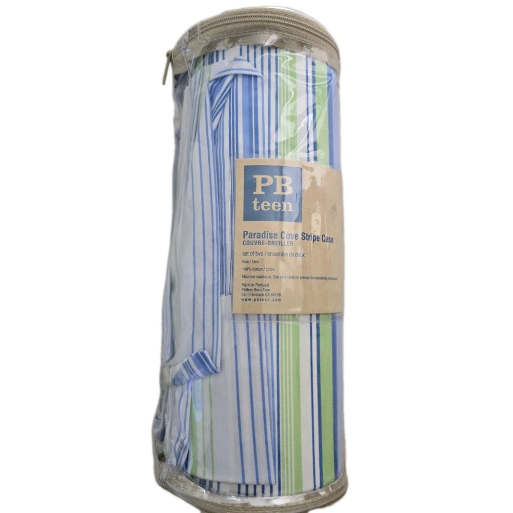 NIP PB Teen Paradise Cove Stripe Pillowcase Set of 2 Cotton‎ Blue Green White